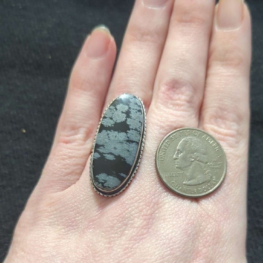 Silver Plated Black And Gray Snowflake Obsidian Gemstone Oval Statement Ring - 7