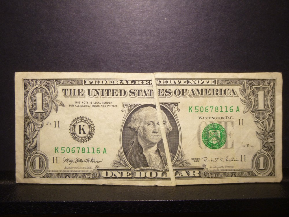 1995 $1 DOLLAR BILL GUTTER FOLD ERROR NOTE
