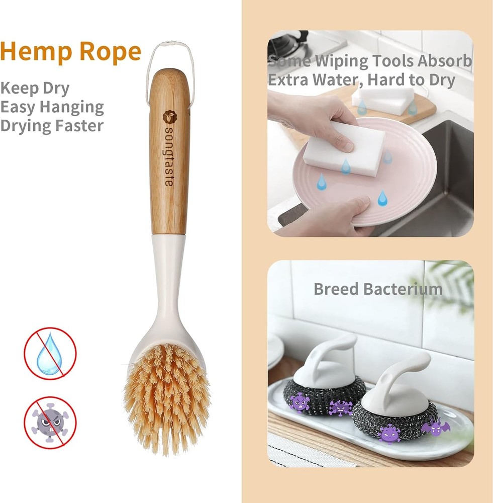 2 Pack Kitchen Dish Brush Bamboo Handle Dish Scrubber Built-in Scraper, Scrub Br