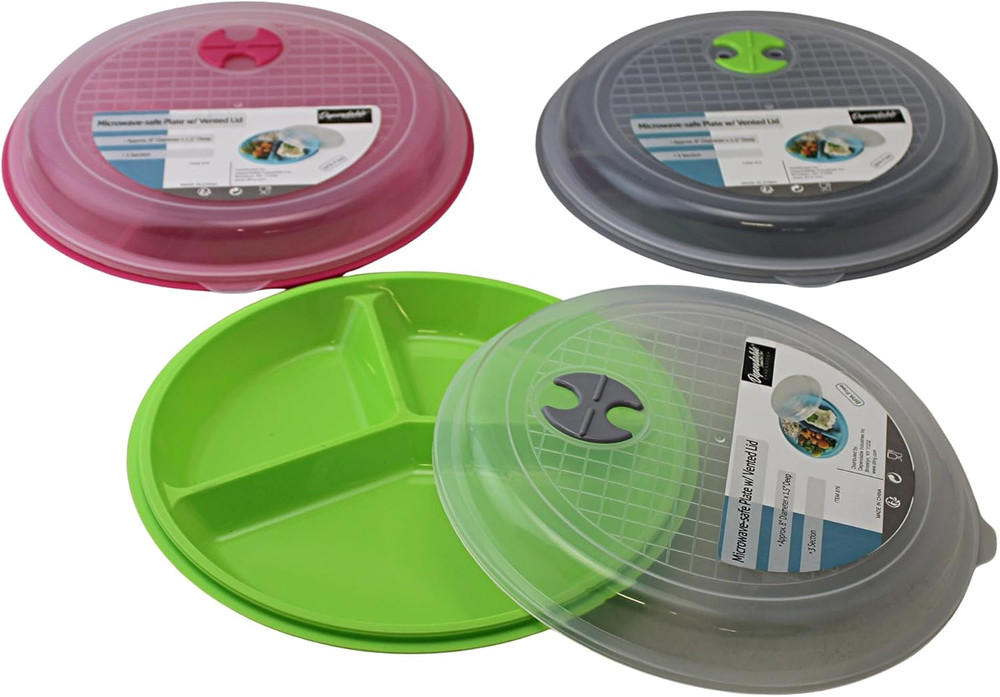 4-Pack Divided Microwave Plates with Vented Lids – Bpa-Free, Stackable Meal Prep