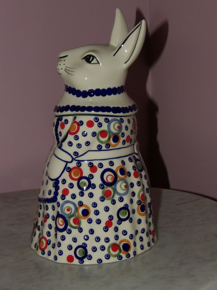 Polish Pottery Bunny Cookie Jar! Happy Happy Pattern!