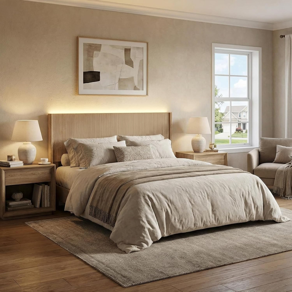 Queen Size Headboard Only, Modern Fluted Wall-Mounted Head Board with Lighting,