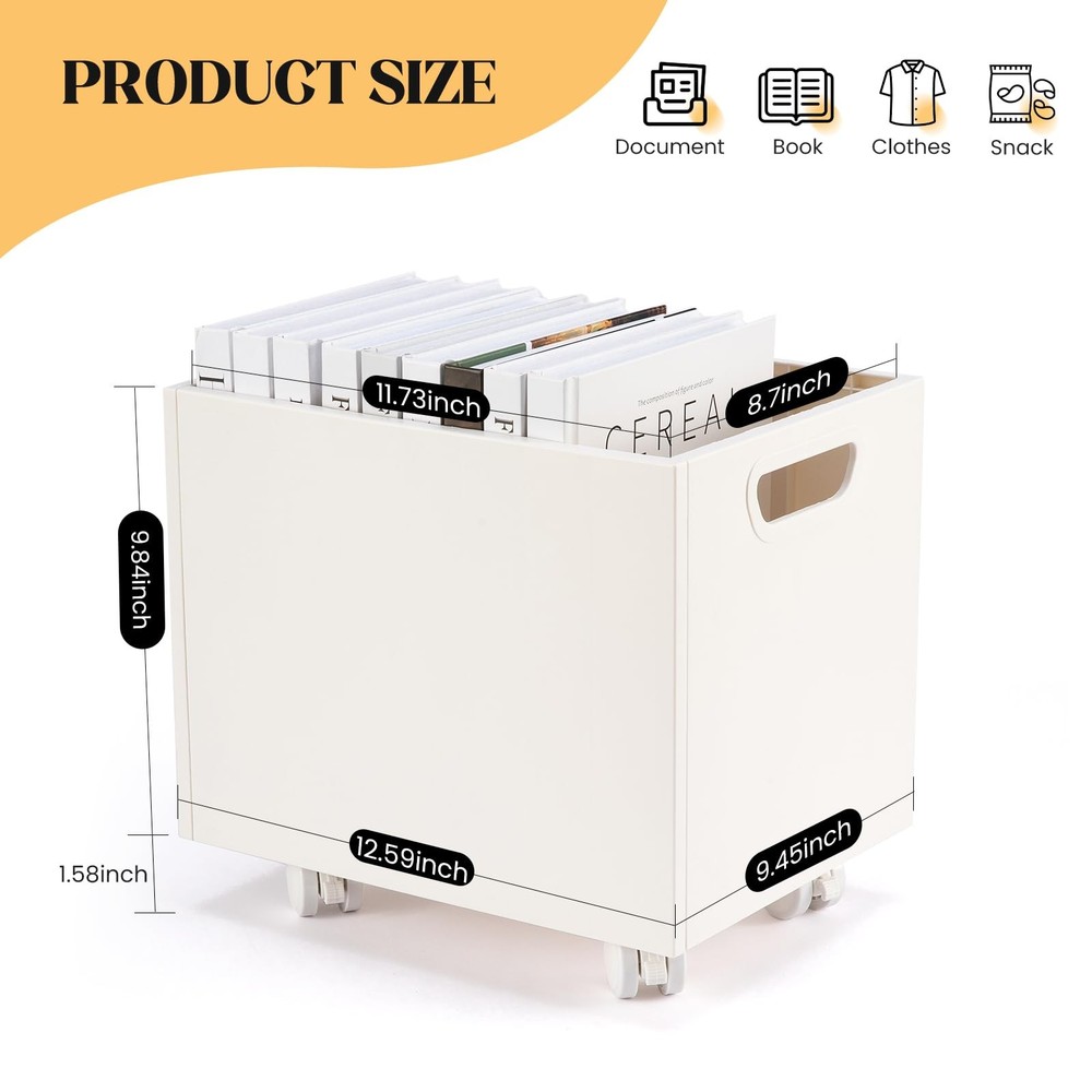 Rolling File Organizer with Wheels Stackable Storage Box Portable White