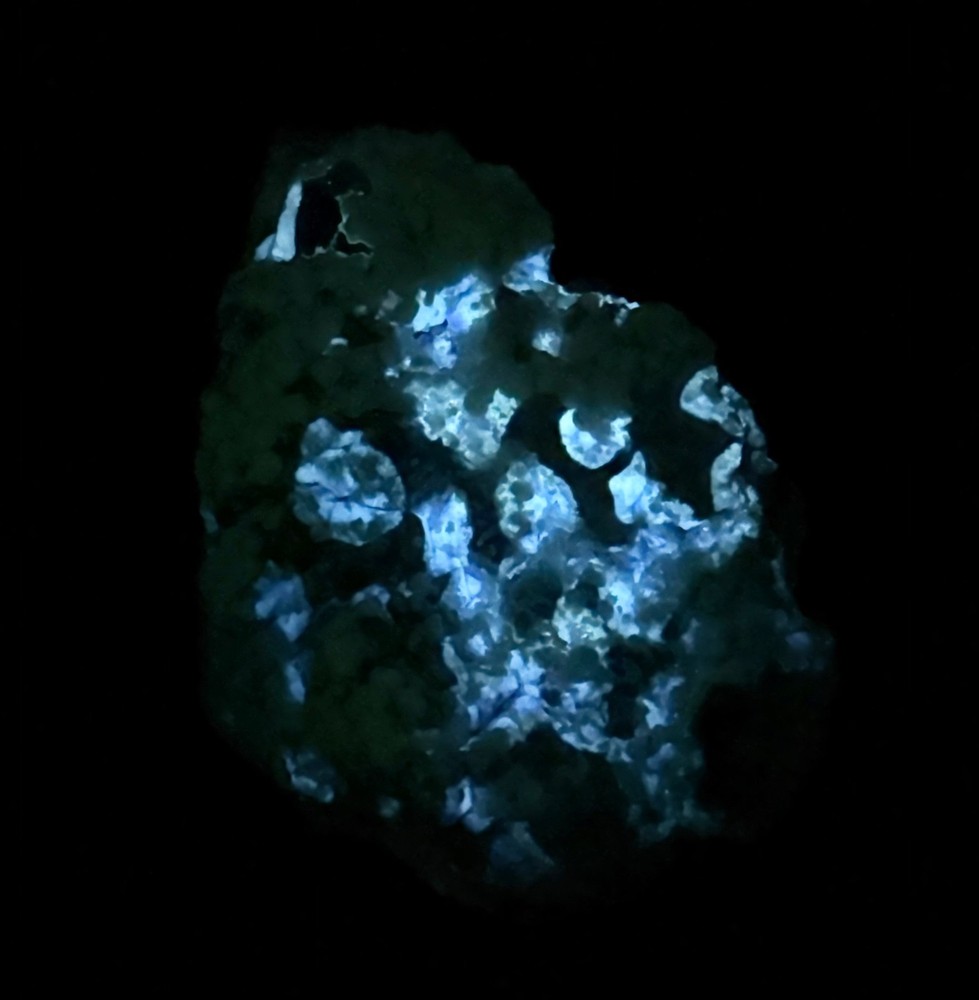 449 Gr. Fluorescent Phosphorescent Rare Blue Sodalite Cluster W/Unknown Bubbles