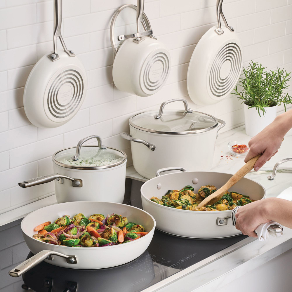 KitchenAid Hard-Anodized Ceramic Non-Stick Cookware Set, 11-piece, White, NEW