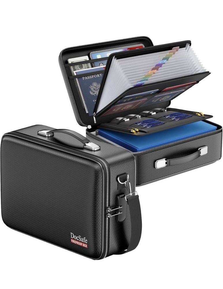 DocSafe Fireproof Document Box with Lock＆Shoulder Strap, Hard-Shell Case--BLUE