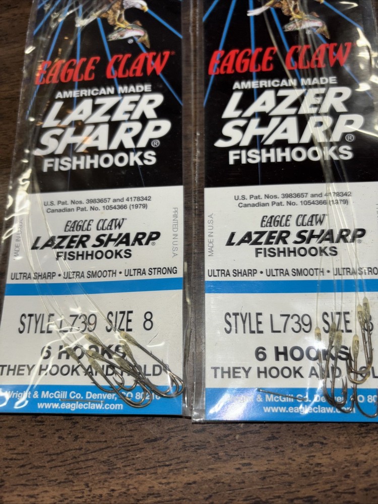 4 PACKS Eagle Claw Lazer Sharp Freshwater Size 8 Super Snell Worm Hook 6 Count