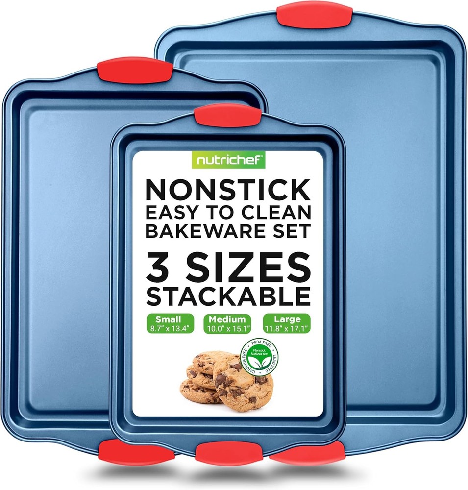 NutriChef Non-Stick Easy-to-Clean Bakeware Set 3 Pc - Blue (Open Box)