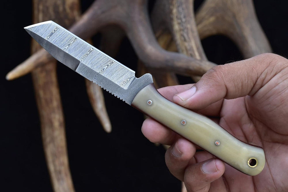 EDC Fixed Blade Knife - Carbon Steel Damascus - Excellent Edge Retention - Bone