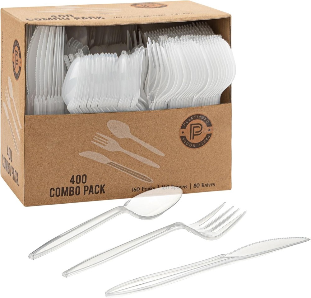 PLASTICPRO 400 Pack Disposable Plastic Utensils Assorted Colored White