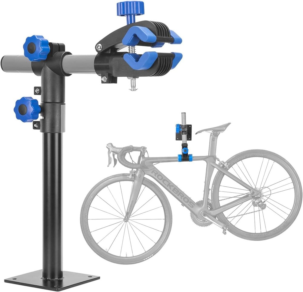 Wall-mounted adjustable bicycle repair stand.