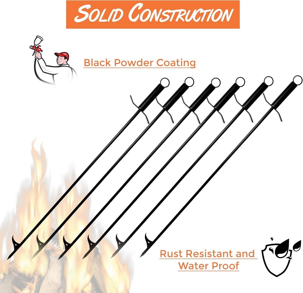 36'' Long Firepit Poker - For Outside Pits & Indoor Hearth - 6 Pcs - Black