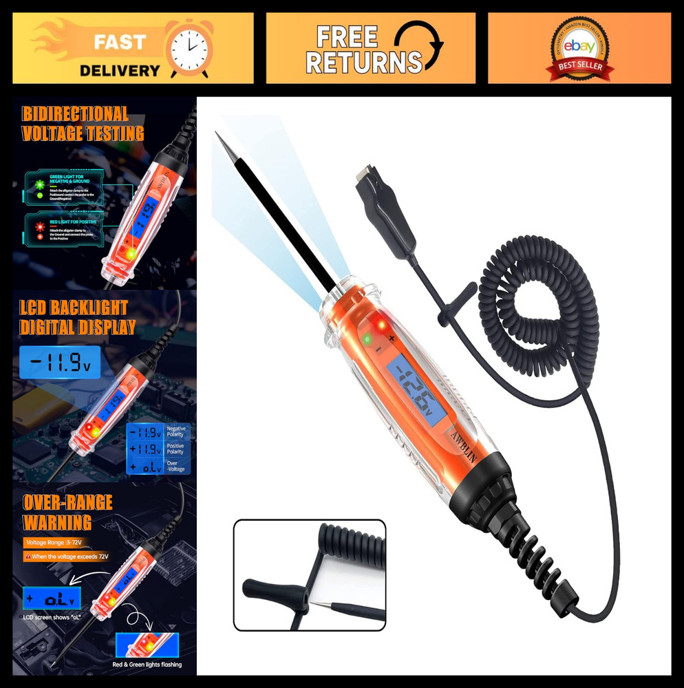 Digital Automotive Test Light 3-72V DC Voltmeter Circuit Tester with LCD & LED