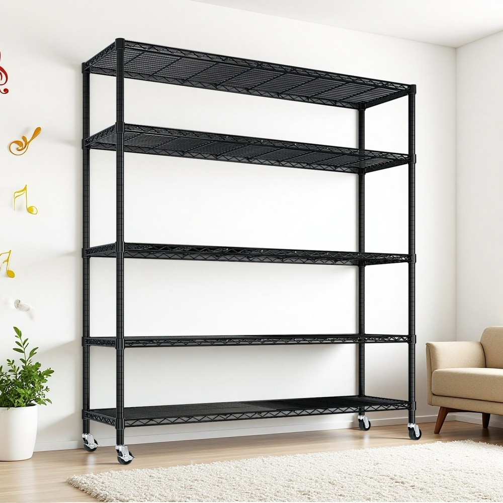 5-Tier Rolling Shelving Unit - Modular, Heavy Duty, Adjustable, Metal & Black