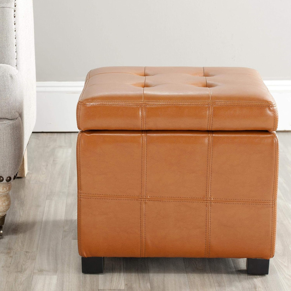 Noho Tufted Brown Leather Square Storage Ottoman - Hudson Collection
