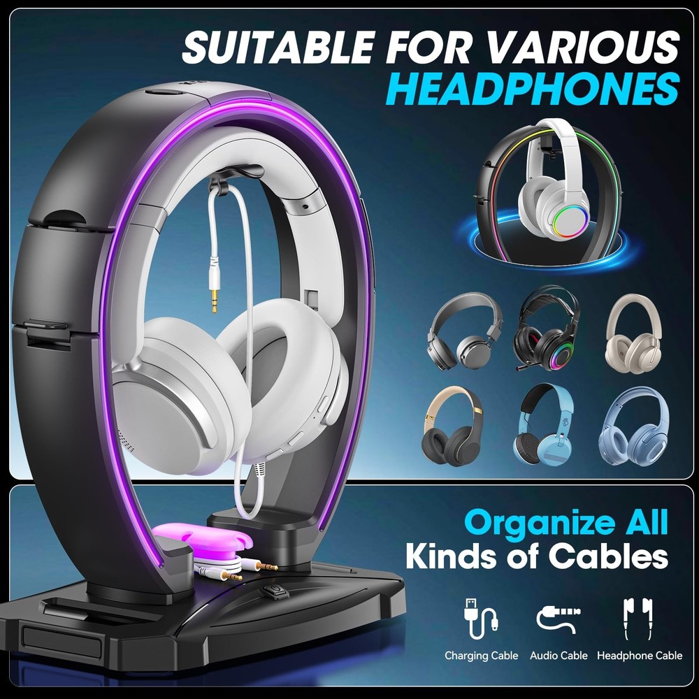 KDD RGB Headphone & Controller Stand with 9 Light Modes - Foldable Black