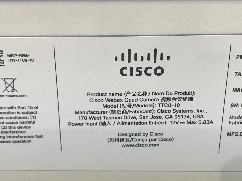Cisco TTC8-10 Spark Quad Camera Webex Unit With AC Adapter