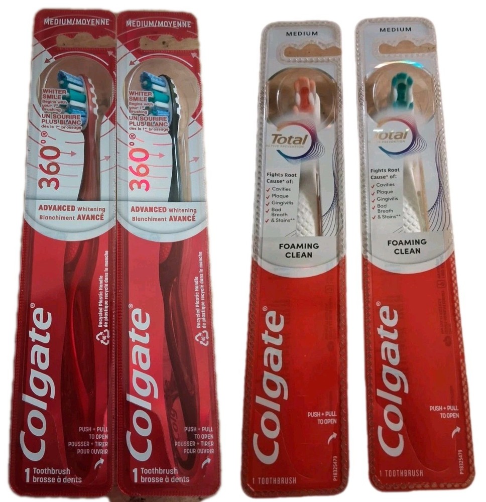 2 Colgate Total Foaming Clean Toothbrushes and 2 Colgate 360 Toothbrushes Bundle