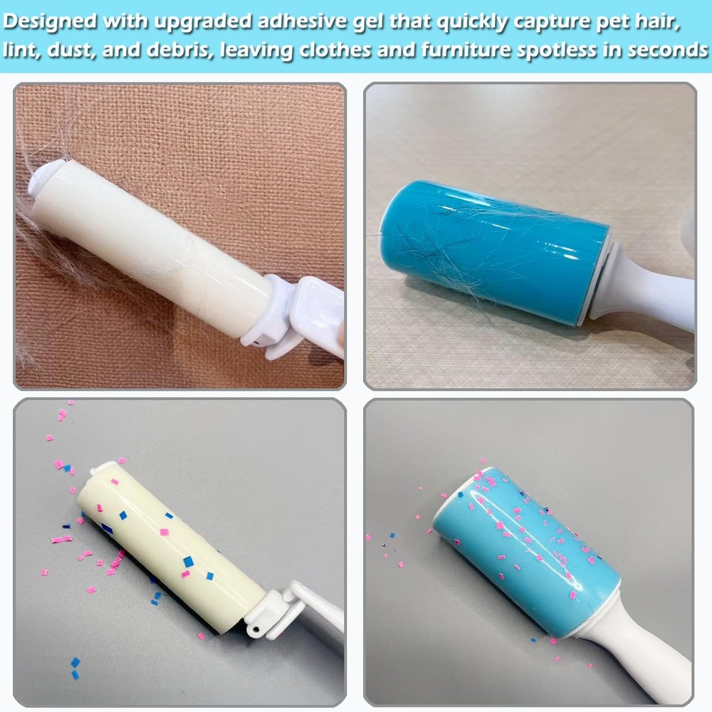 Reusable Washable Lint Roller 4 Pack, Sticky Gel 2 Large+2 Mini, Blue