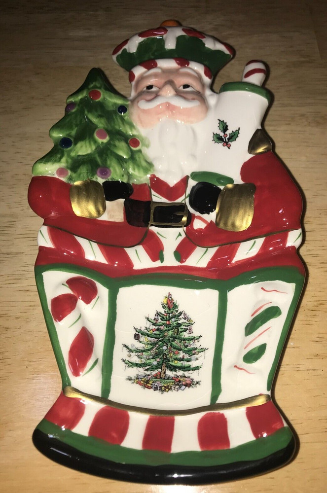 CHRISTMAS TREE SPODE SANTA NUTCRACKER PEPPERMINT SMALL DISH 10" X 5.25"