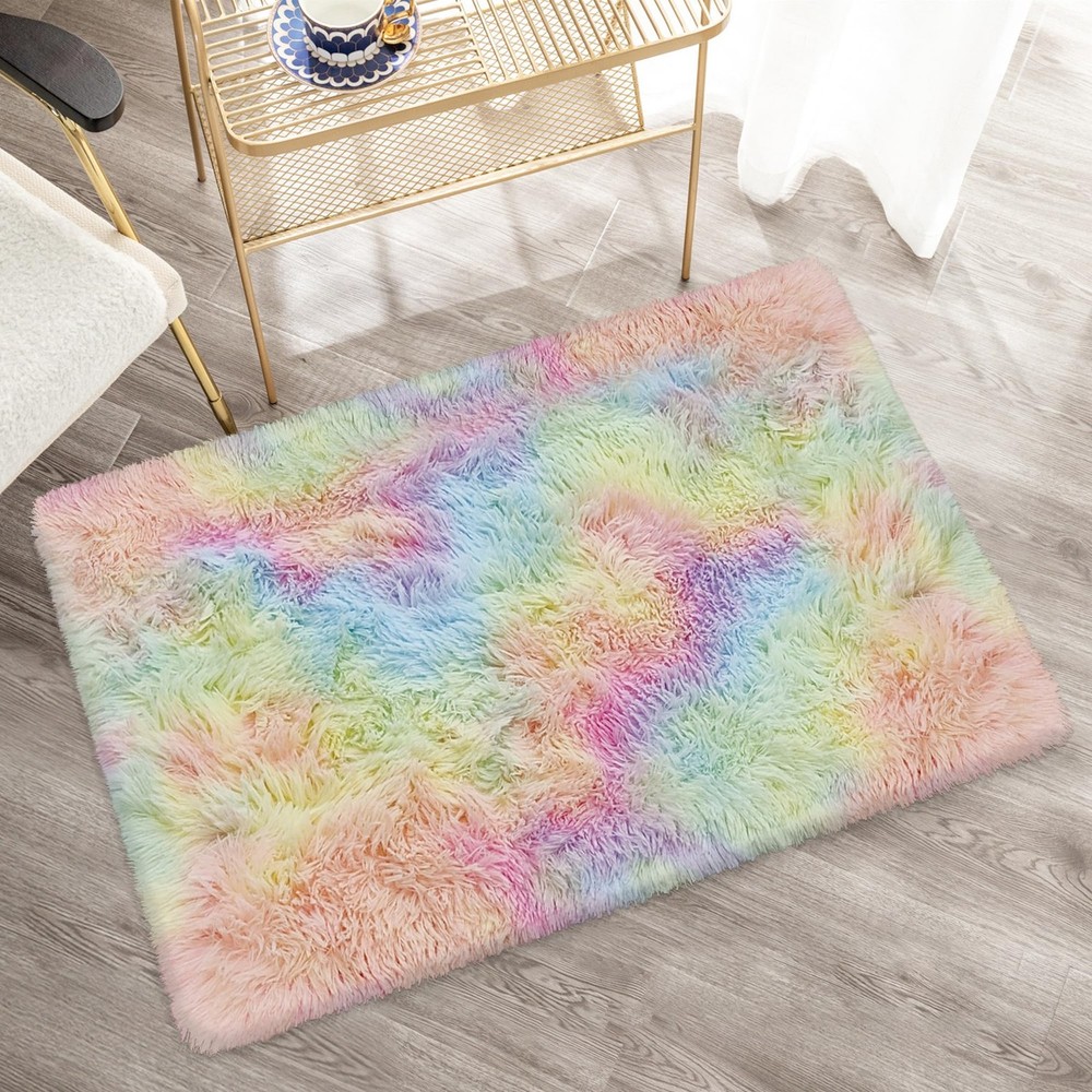 JiaoBaba Small Fluffy Rainbow 2' x 3' (Rectangular), Tie-dyed