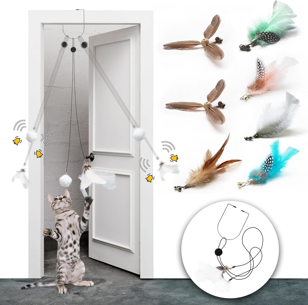 Retractable Cat Feather Toys Refills with Bell, Interactive Doorway