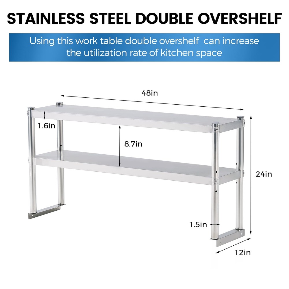 Stainless Steel Shelf 2 Tier Stainless Overshelf for Kitchen Prep Work Table ...