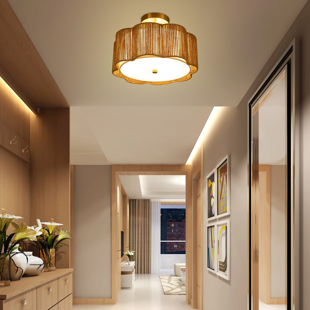 Rustic Ceiling Mount Rattan Light Ceiling Lamp Flush Mount Chandelier Fixture