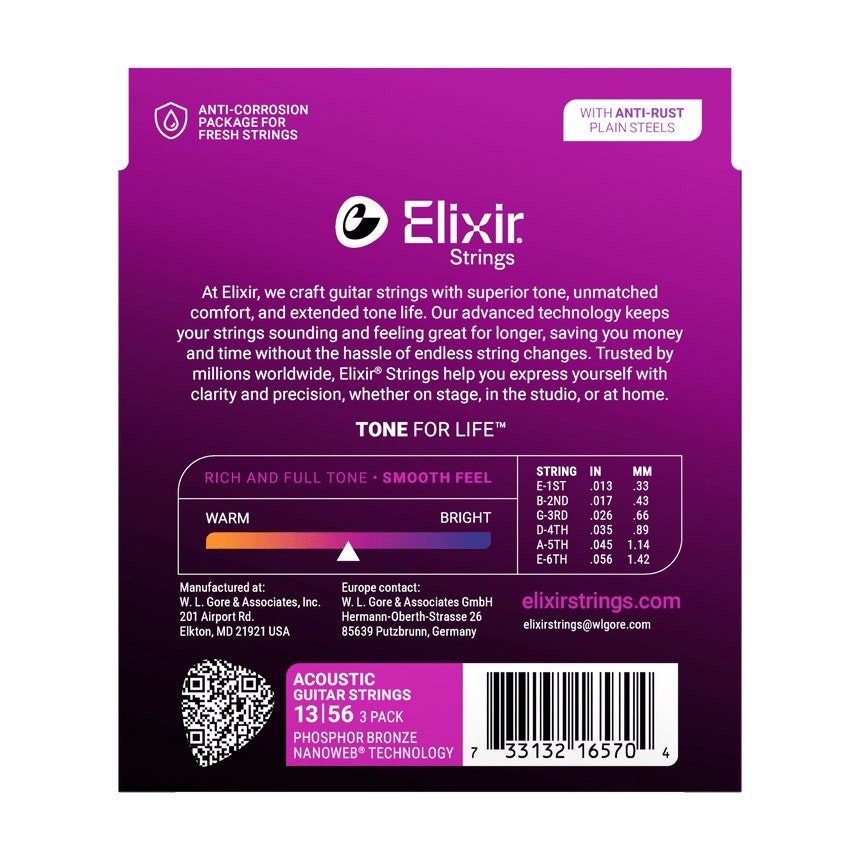 Elixir 3-Pack Phosphor Bronze NANOWEB Acoustic Guitar Strings, Medium 13-56