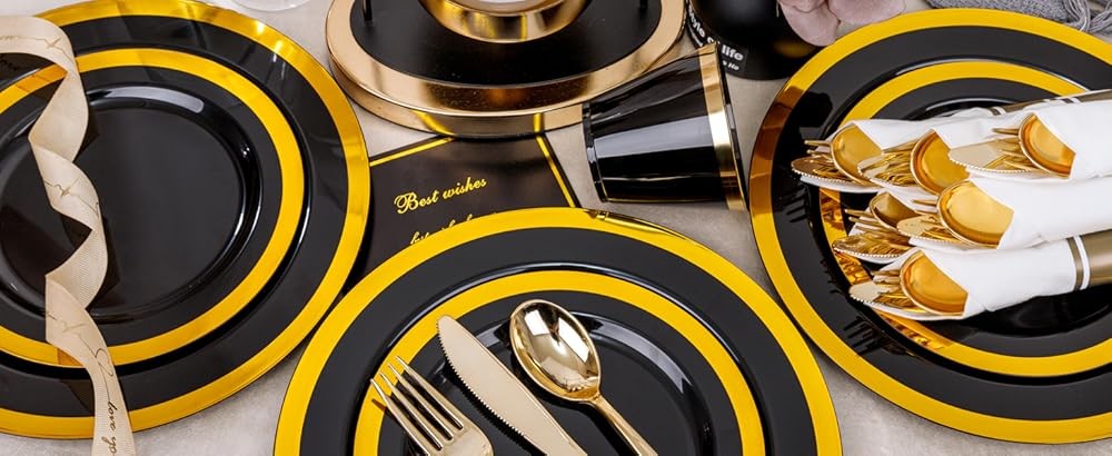 Bla and Gold Plastic Plates - Gold Disposable Dinnerware Sets for