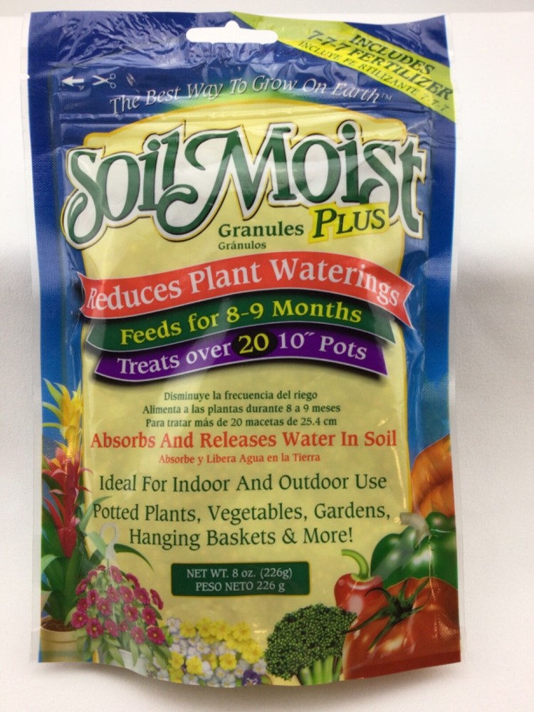 SOIL MOIST GRANULES PLUS FERTILIZER 7-7-7 8OZ. BAG