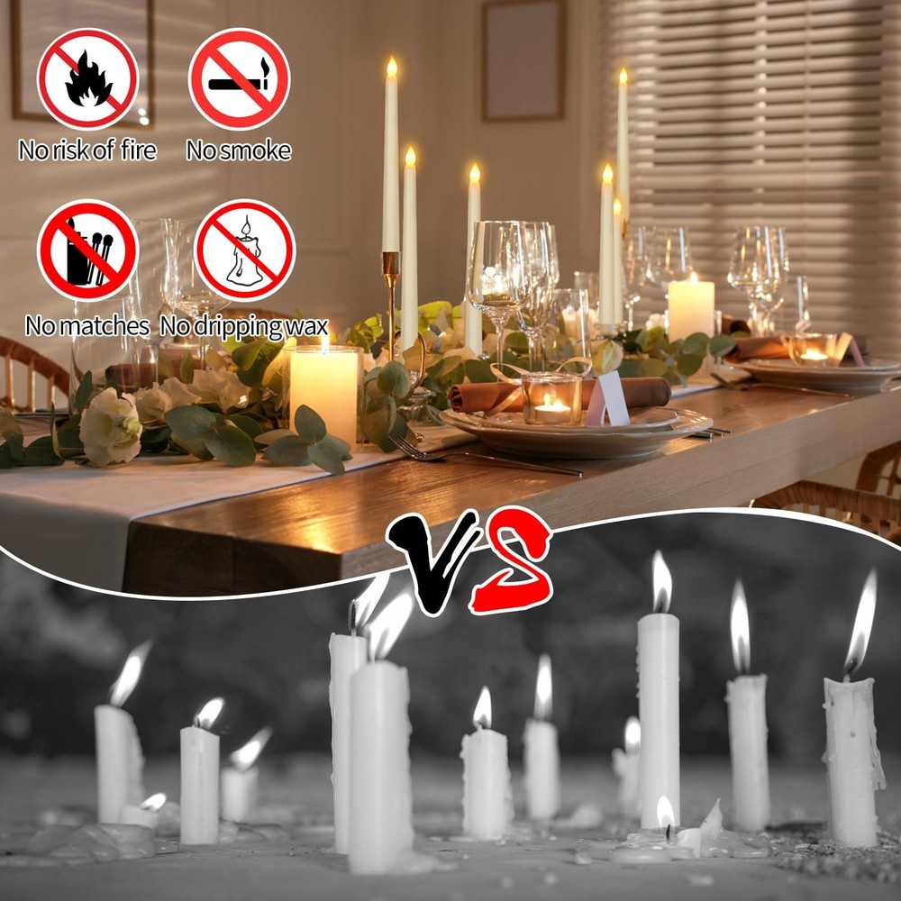 6 Pack Ivory Flameless Plastic Taper Candles, Without Remote or Timer, Fli