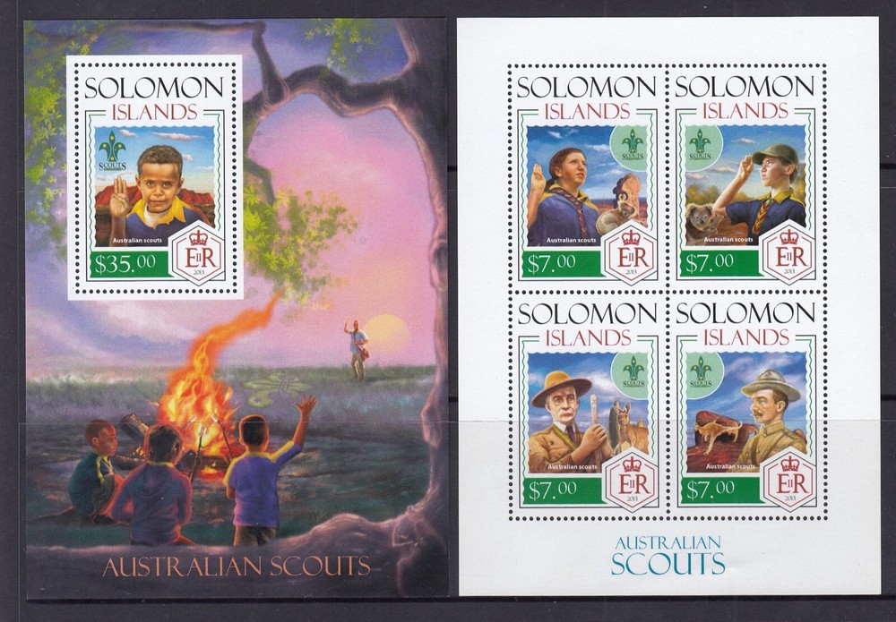 Solomon Islands: MUH Mini Sheet set of 2: 2013 Australian Scouts Scouting