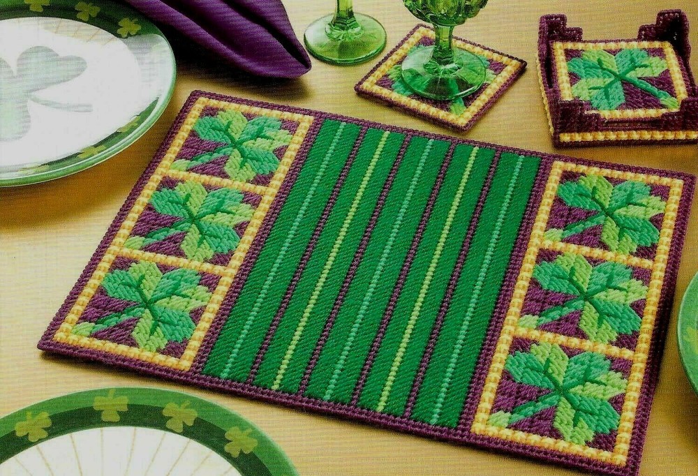 SHADED SHAMROCK PLACE MAT & COASTER SET PLASTIC CANVAS PATTERN INSTRUCTIONS
