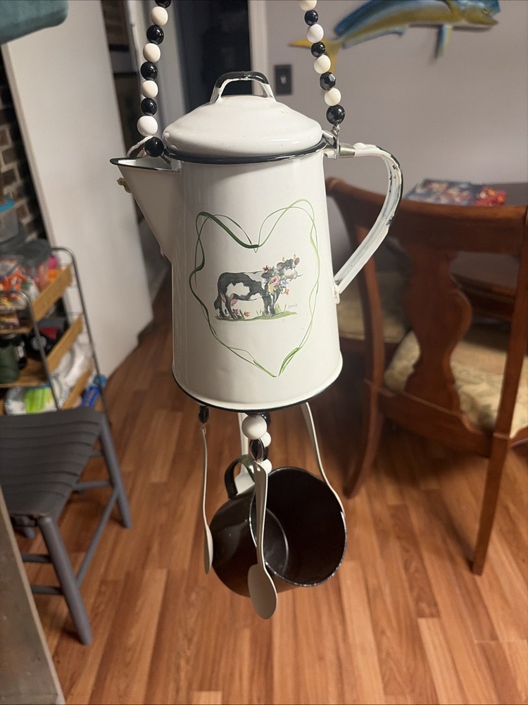 Tin Enamel Teapot Cow Windchime