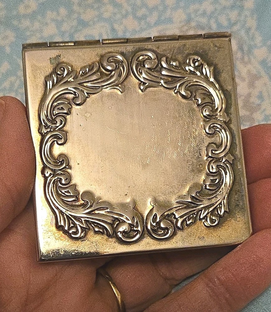 Vintage Silver Plated Compact Mirror Ornate Scrollwork 2.5