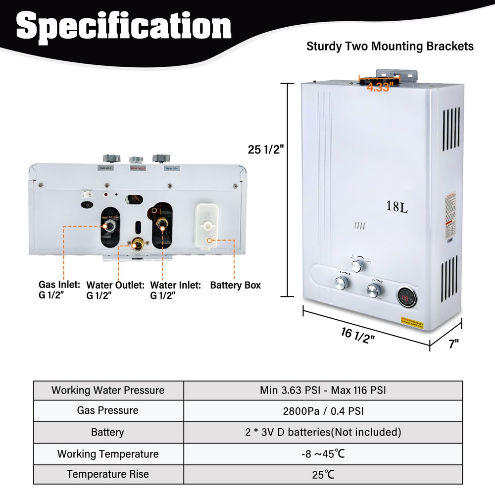 18L/5GPM LPG Propane Gas Water Heater On-Demand Instant Hot Boiler + Shower Kit