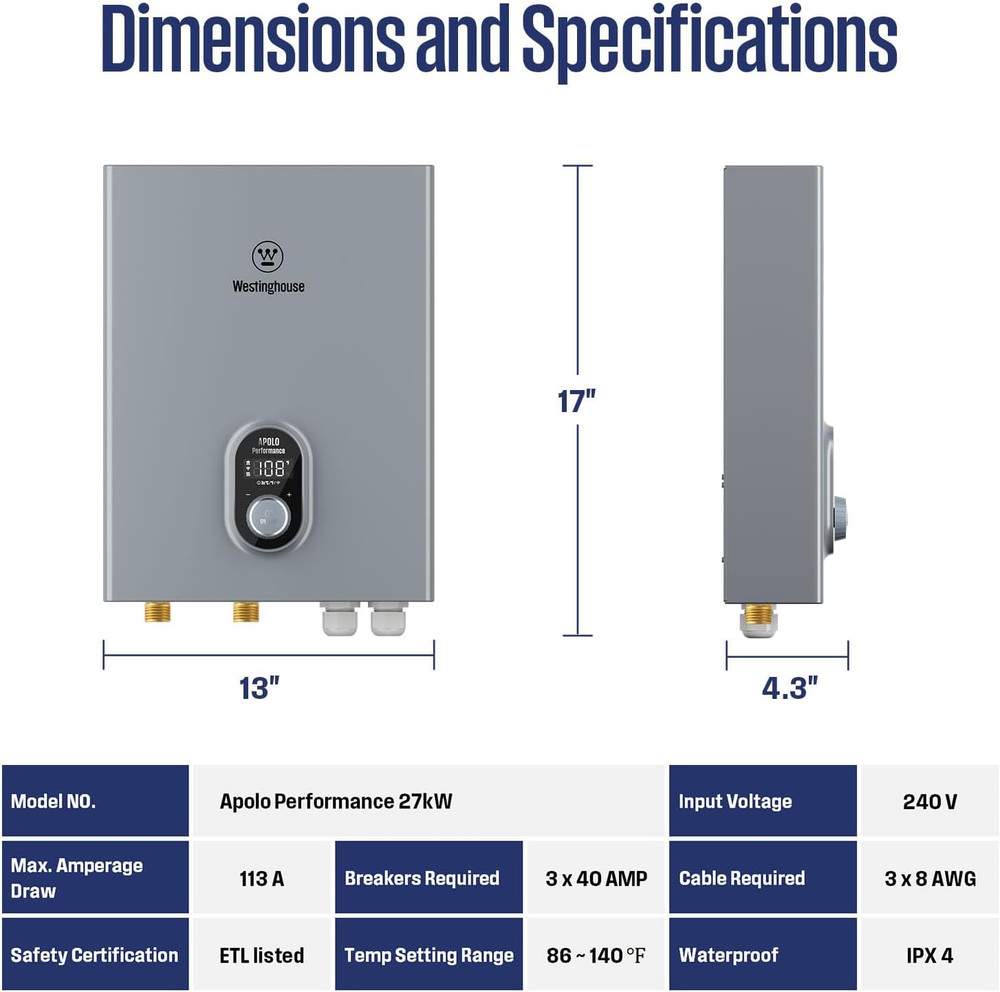 Westinghouse 27Kw 240V Tankless Water Heater Electric, Instant Hot Water Heater,