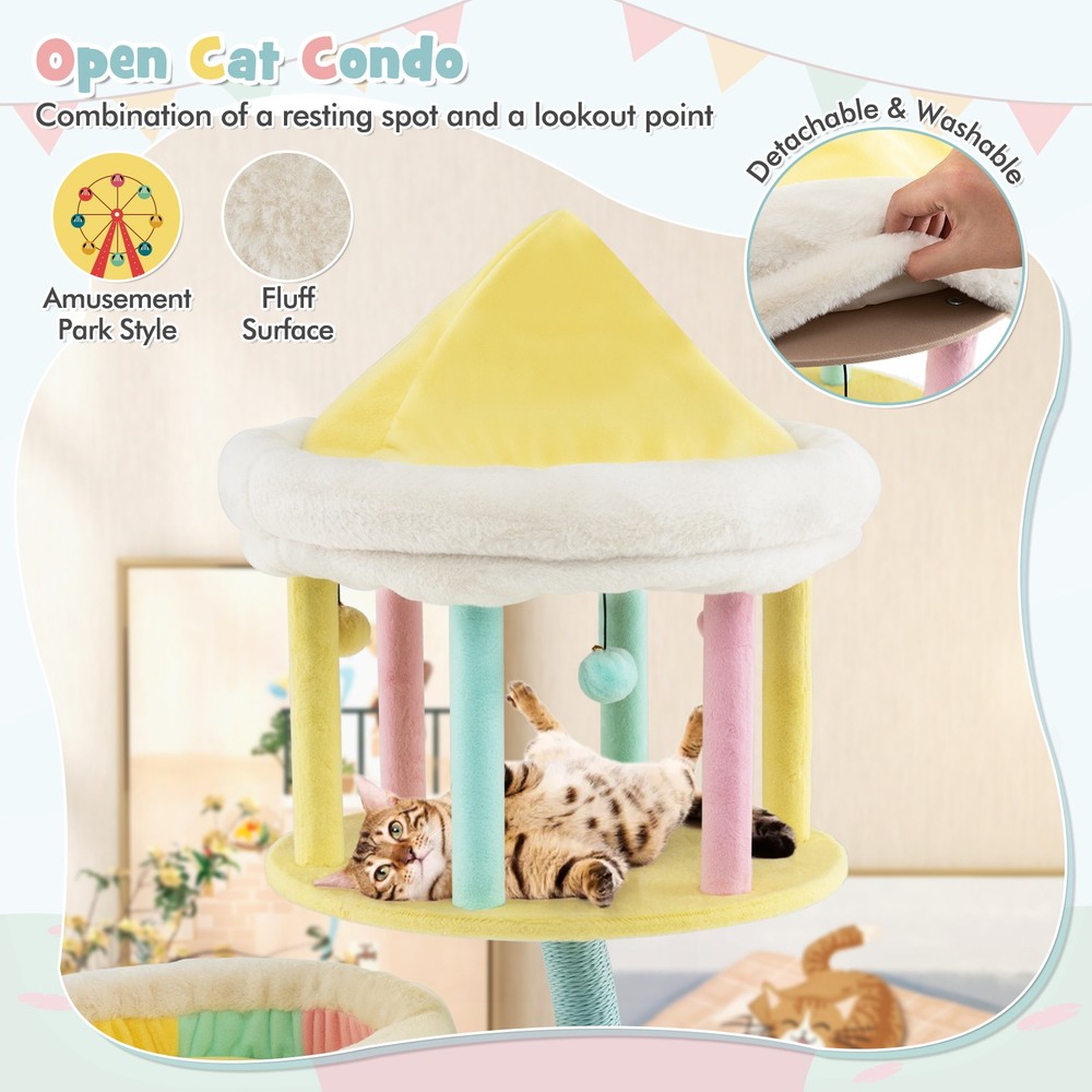 Multi-Layer Cat Tree Cat Tower w/ Open Condo 2 Removable Perches Dangling Balls