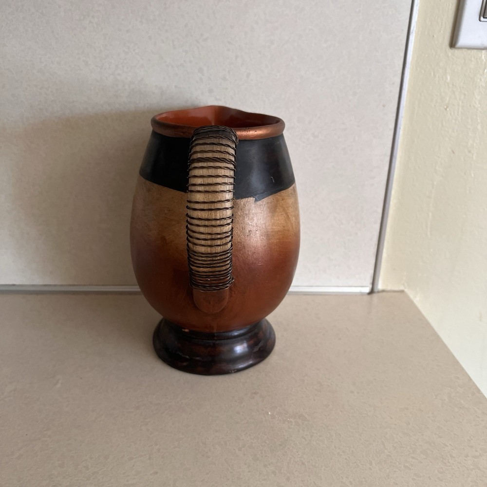 Pottery Pitcher Jug Wire Handle Orange Brown Crackle Finish