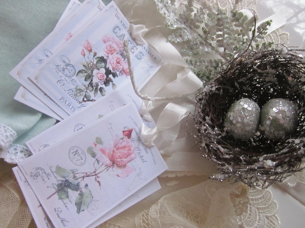 ~ French Inspired PINK Roses Gift Tags Glitter 8 ~