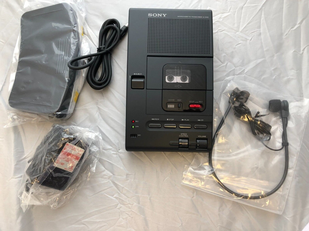 Sony M2000 microcassette transcriber with  foot pedal, AC adapter & New headset