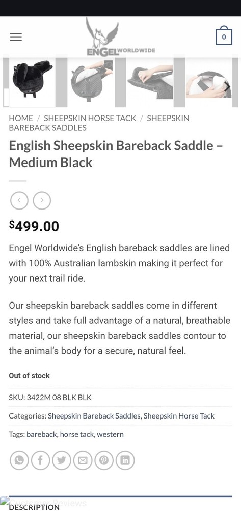 NEW! Engel Sheepskin Bareback Saddle, Black