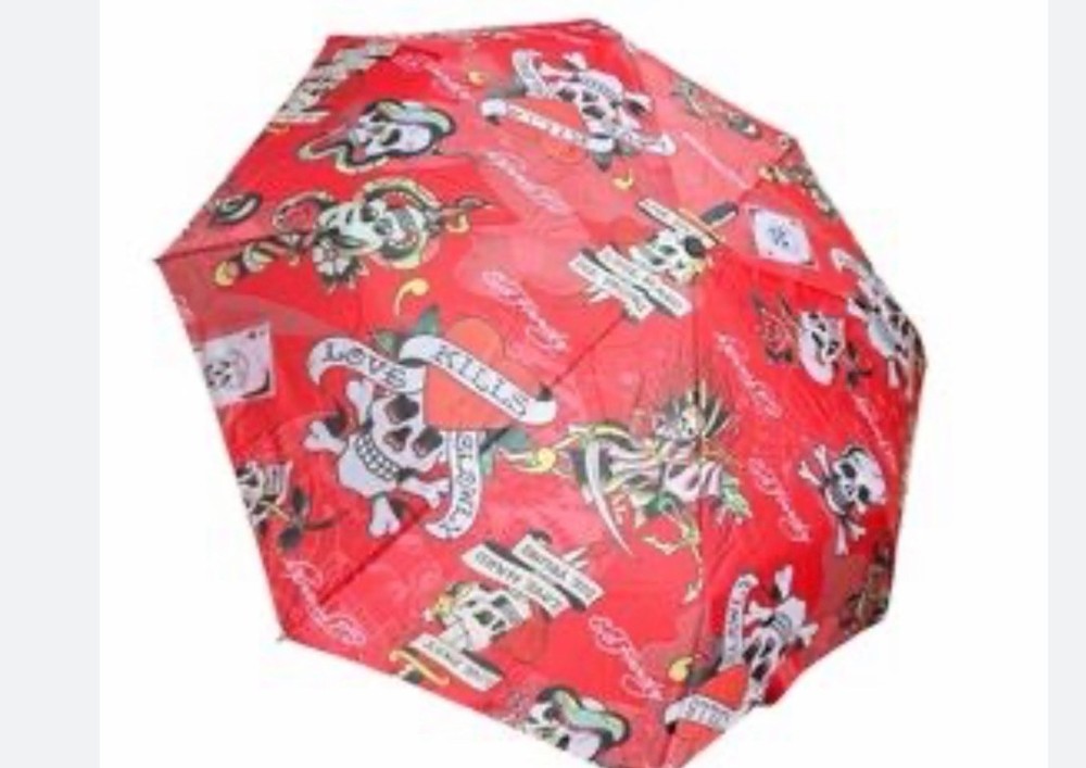 NWT ED HARDY RED SKULLS COMPACT UMBRELLA WITH CASE