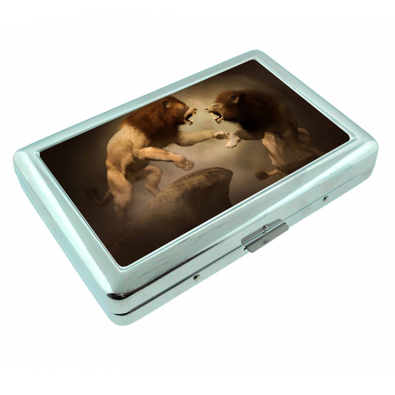 Fighting Lions D1 Silver Metal Cigarette Case RFID Protection Wallet
