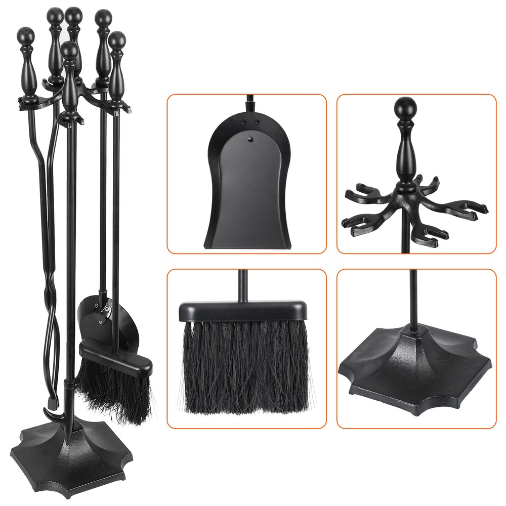 5 Pieces Fireplace Tools Sets Wrought Iron Firewood Kit w/Handle & Holder Black