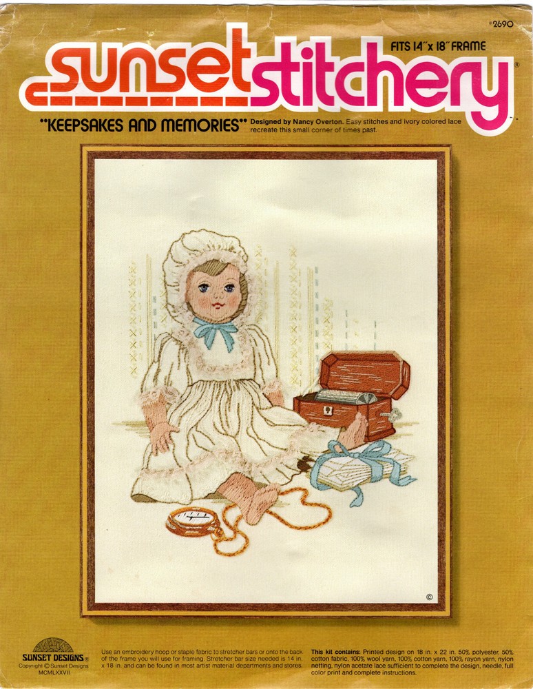 "Keepsakes and Memories" ©1977 SUNSET STITCHERY Embroidery Kit 2690 Open Pkg