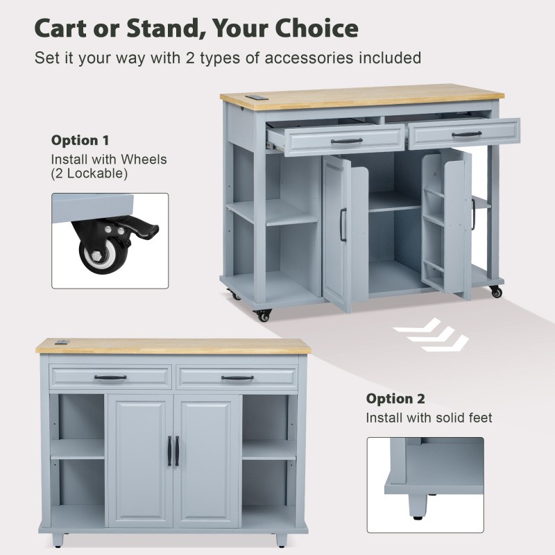 Kitchen Island with Extendable Dining Table, Rolling Wheels, Storage, Power