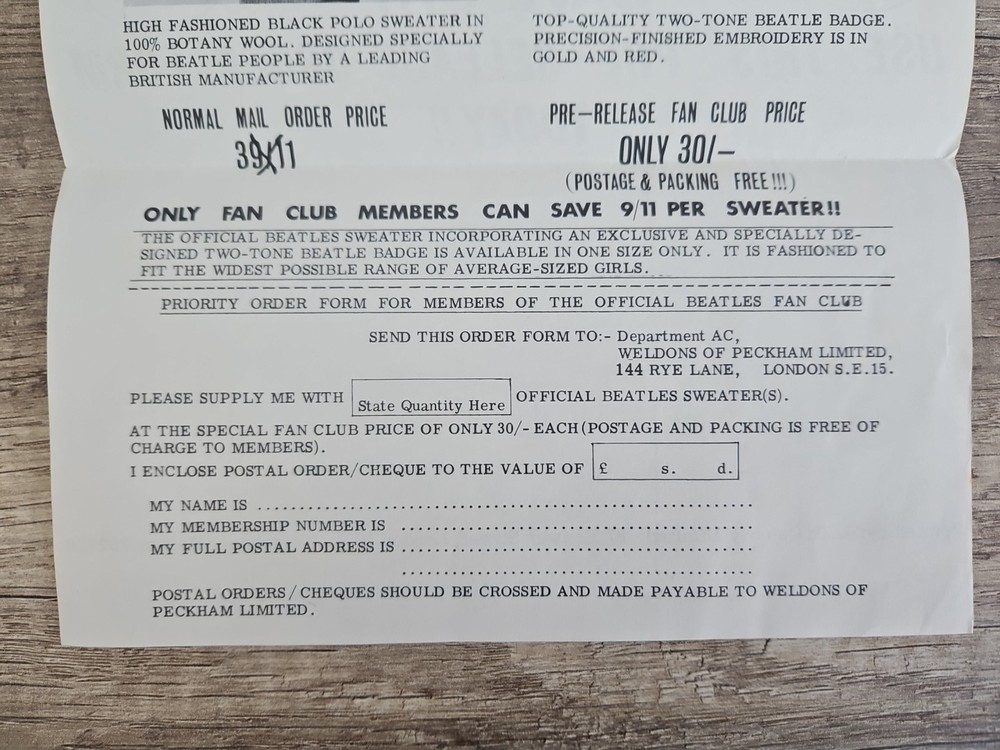 Original 1963 Beatles Sweater Order Form Complete