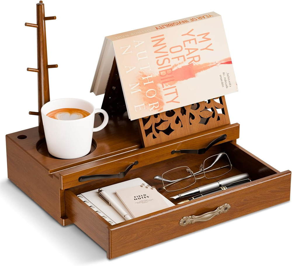 Adjustable Wooden Book Stand with Storage - Multi-Function Hands Free Book Holde